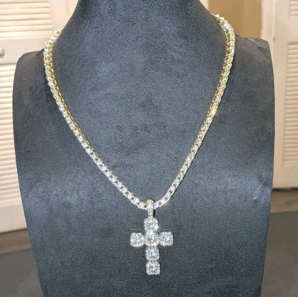 14k Yellow Gold Plated Lab Created Diamond Cross Pendant Tennis Necklace 18